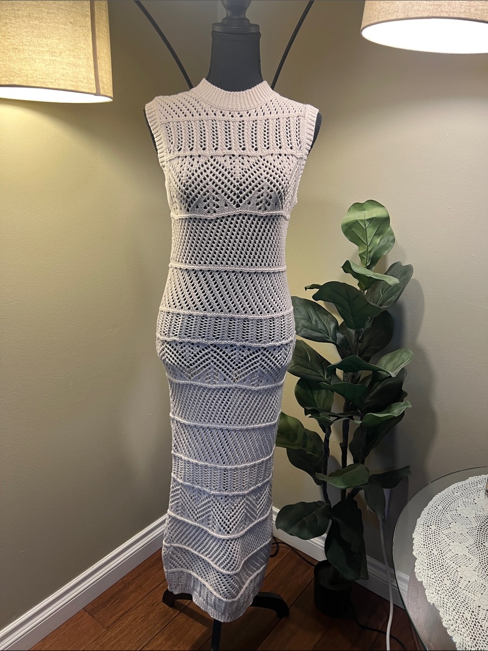 Sleeveless Mango White Crochet Maxi Dress/Swim Coverup Sz. S NWT